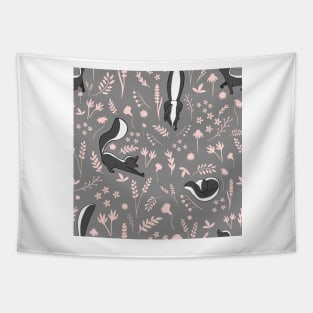 Skunks and Pink Flowers on Grey Tapestry
