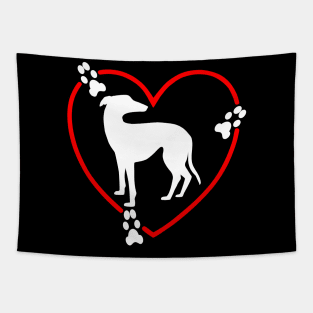 Greyhound White Red Hearts Paw Prints Tapestry