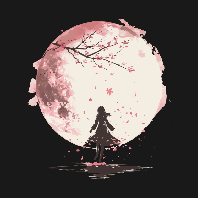 Full moon Girl Sakura Leaves by Ceiko