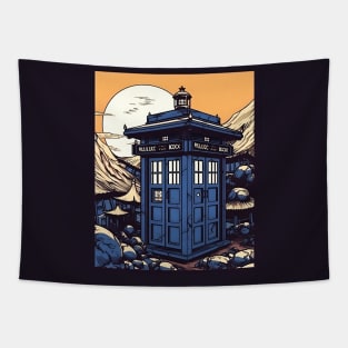 Blue illustration of tardis in Japan on sunset Tapestry