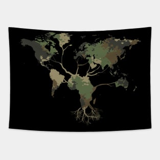 World Map Tree | Africa Map Root | Earth Day | Camo Pattern Tapestry