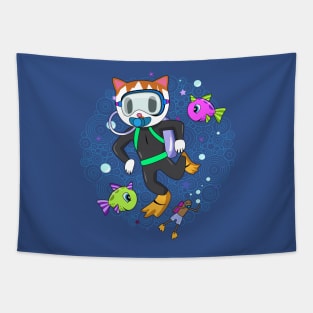 Scuba Diving Cat with Poop Snorkler Tapestry