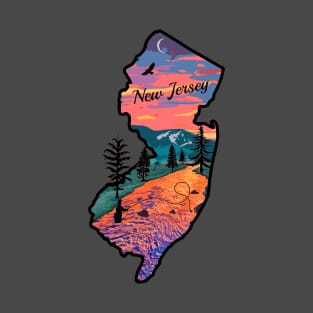 New Jersey State Map Mountain Sunset River Retro T-Shirt