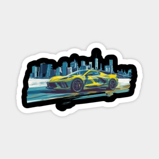 Yellow C8 Corvette Supercar Racecar New York Skyline Muscle Car sportscar Accelerate Yellow Corvette C8 Magnet