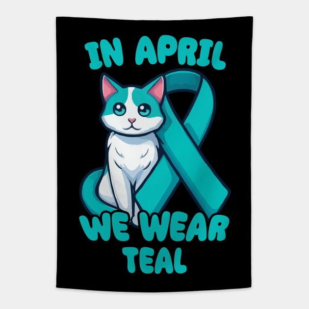 Sexual Assault And Violence Awareness Month Teal Ribbon With Cat Tapestry by MoDesigns22 