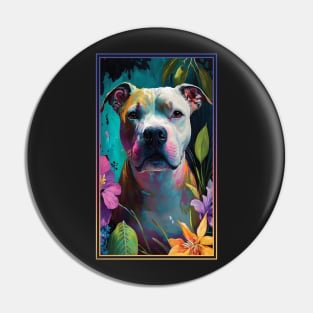 American Staffordshire Terrier Pitbull Vibrant Tropical Flower Tall Digital Oil Painting Portrait  5 Pin