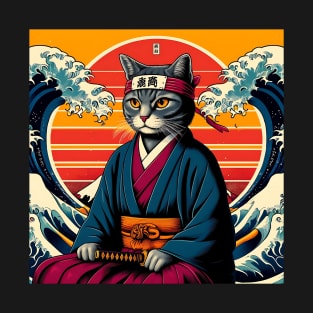 Vaporwave Samurai Cat Great Wave Off Kanagawa T-Shirt