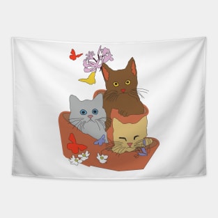 Cats and Kittens in a floral basket Tapestry