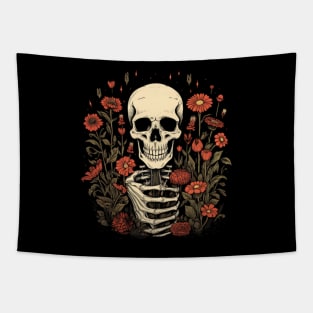 Skull with flowers, red flowers Tapestry