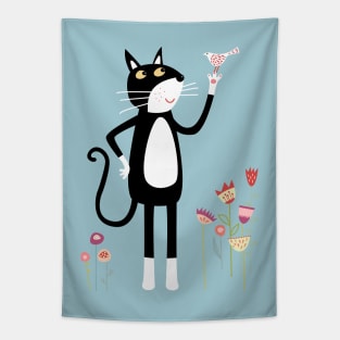 Mild Peril Cat and Bird Anthropomorphic Art Tapestry