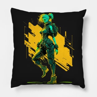 Cyberpunk Girl On Yellow Neon Background Pillow