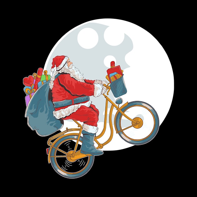 Santa Claus Riding a Bicycle with the Moon in the background by MerchMadness