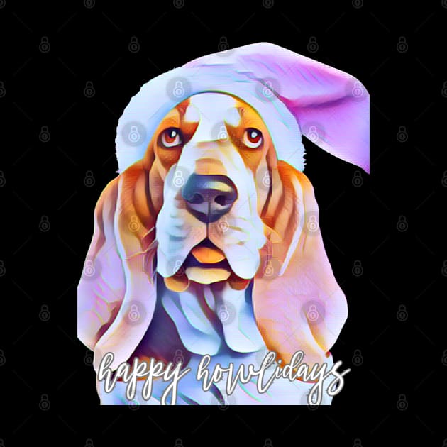 Cute Basset Hound in Pink Santa Hat with Happy Howlidays by mw1designsart