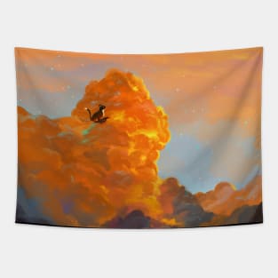 Black Cat and Raven in Autumn Sky (all over print) Tapestry