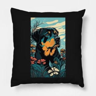 Rottweiler Dog Vibrant Tropical Flower Tall Retro Vintage Digital Pop Art Portrait 2 Pillow