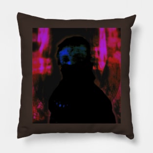 Portrait, digital collage and special processing. Like arabic. Cursed man with mouth mask. Pink and blue. Pillow