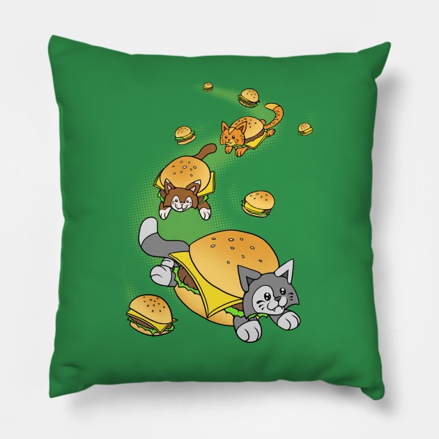 Cat Cheeseburger Train Pillow by jellysoupstudios