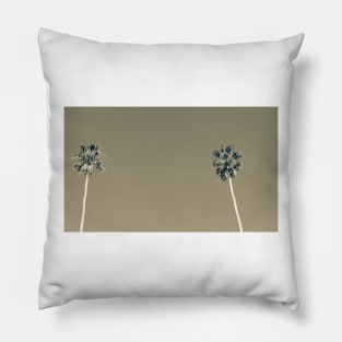 Split toned effect tall fan palm trees against blue sky Pillow