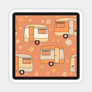 Repeat pattern of cute vintage caravans in retro colours on orange Magnet