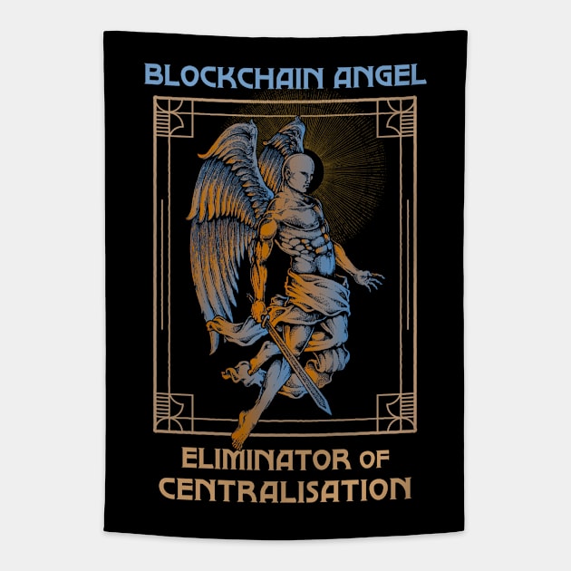 Blockchain Angel - Eliminator of centralisation (black background) Tapestry by Hardfork Wear