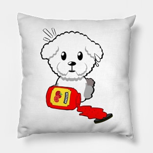 Funny furry dog spilled tomato ketchup Pillow