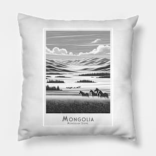 Serene Mongolian Steppes - Horses in Mongolia - black and white Pillow