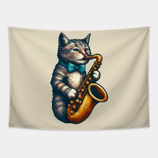 tabby cat playing saxophone Tapestry