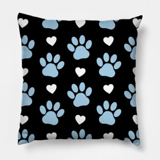 Pattern Of Paws, Dog Paws, Blue Paws, White Hearts Pillow