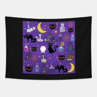 Black Cat Black Magic_Purple Background Tapestry