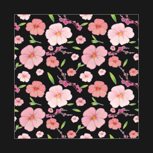 Pink Hibiscus and Sakura Black Background T-Shirt