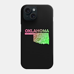 Colorful mandala art map of Oklahoma with text in pink and green Phone Case
