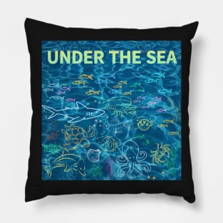 under the sea,blue sea,sea creatures,Turtle, puffer fish, starfish, shrimp, shark, tropical fish, sea horse, seaweed, sardines, squid, crabs, clams Pillow