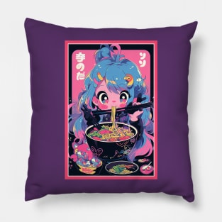 Cute Anime Girl |  Ramen Noodles | Hentaii Chibi Kawaii Design Pillow