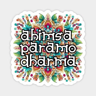 Ahimsa Paramo Dharma Mandala: Colorful Harmony in Red, Green, Blue, Yellow, Orange, Purple, Pink Magnet