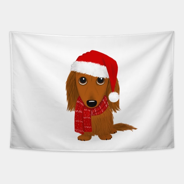 Longhaired Dachshund with Santa Hat Cute Christmas Wiener Dog Tapestry by Coffee Squirrel