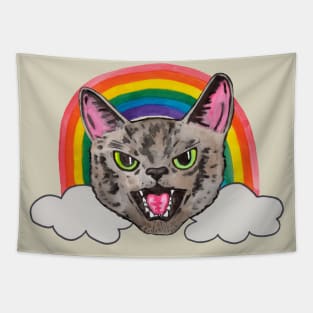 Kitty face with rainbow Tapestry