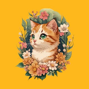 Lovely Little Cat With Flowers Kitten Charm and Blooming T-Shirt