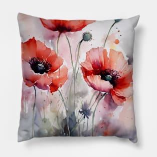 Watercolor flowers poppies Pillow