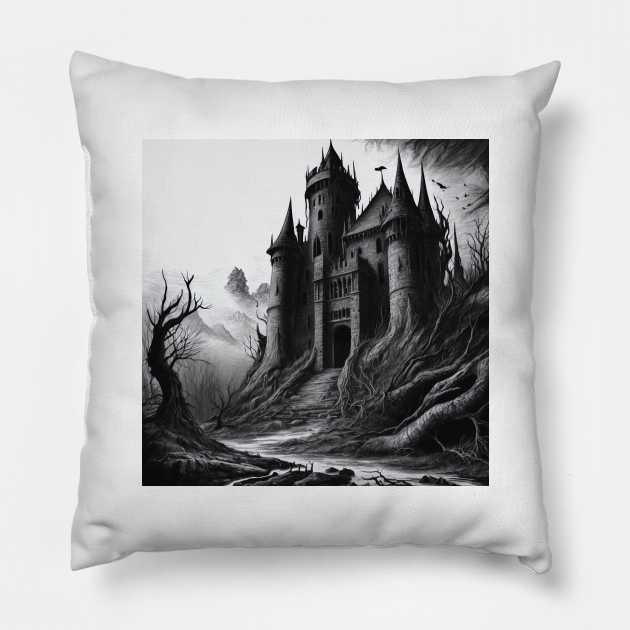 Vintage Trees Castle Decay Retro Pillow by Flowering Away