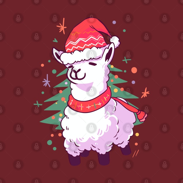 Llama in a Santa hat holding a Christmas tree by Niktar_design