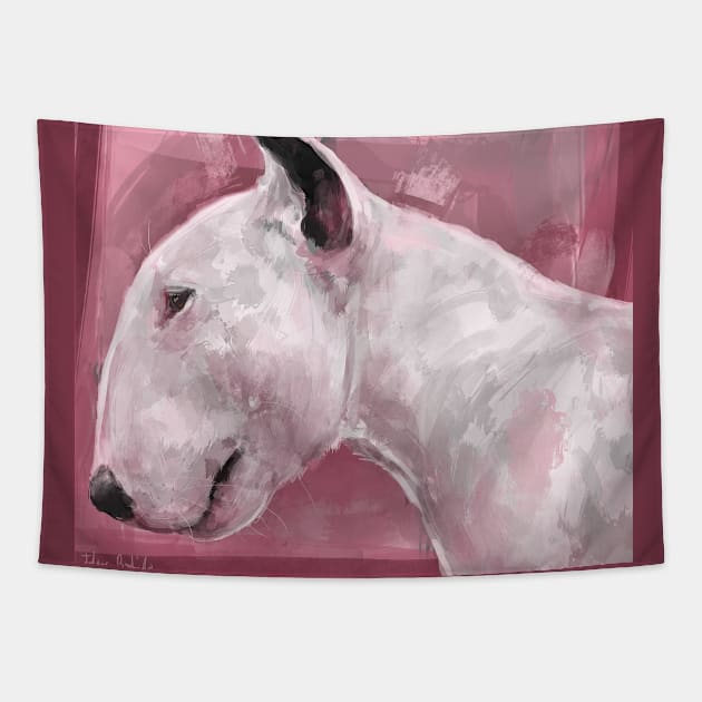 Artistic Painting of a Bull Terrier on Pink Background Tapestry by ibadishi