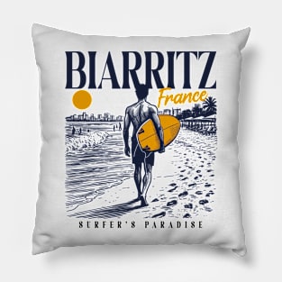 Vintage Surfing Biarritz, France // Retro Surfer Sketch // Surfer's Paradise Pillow