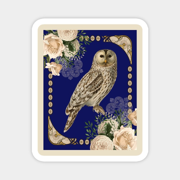 Barn Owl with Ivory Roses in Art Nouveau Influence Navy Blue Magnet by allthumbs