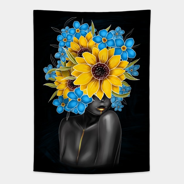 Black and white girl with color beautiful flowers in her head Tapestry by Olena Tyshchenko