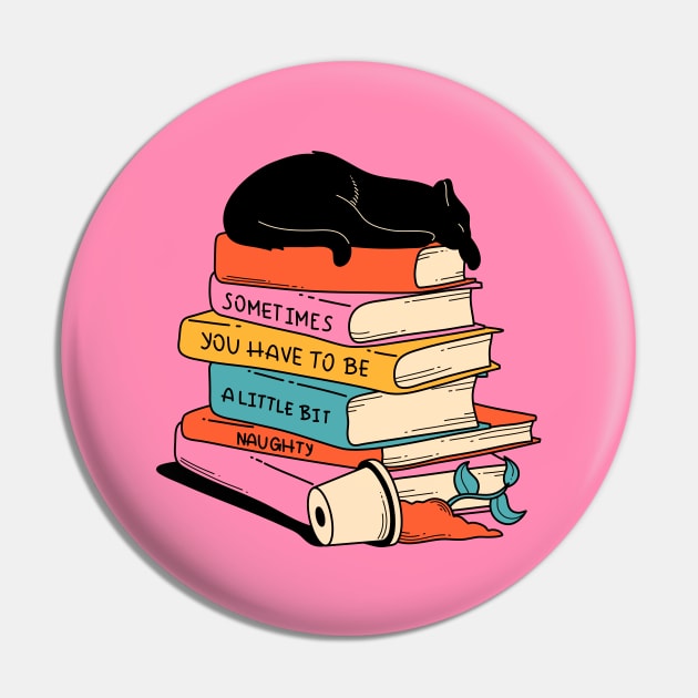 Books and Plant Black Cat in pink Pin by The Charcoal Cat Co.