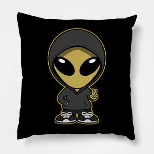 Hooded Space Alien Peace Hand Sign Yellow Pillow