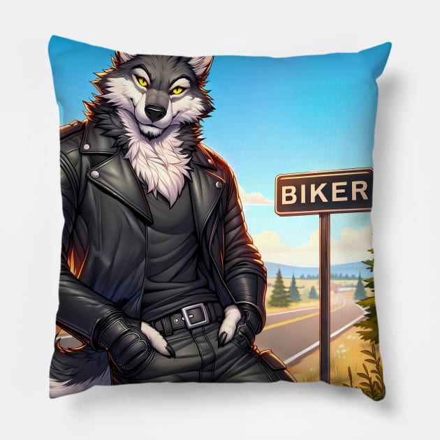 Leather Biker Wolf Anthro Furry Art Pillow by Blue Bull Bazaar