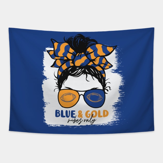 Blue and Gold Vibes Only Football Mom Messy Hair Gameday Tapestry by SLAG_Creative