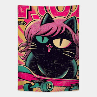 Pink Haired Black Cat Skater Girl Tapestry