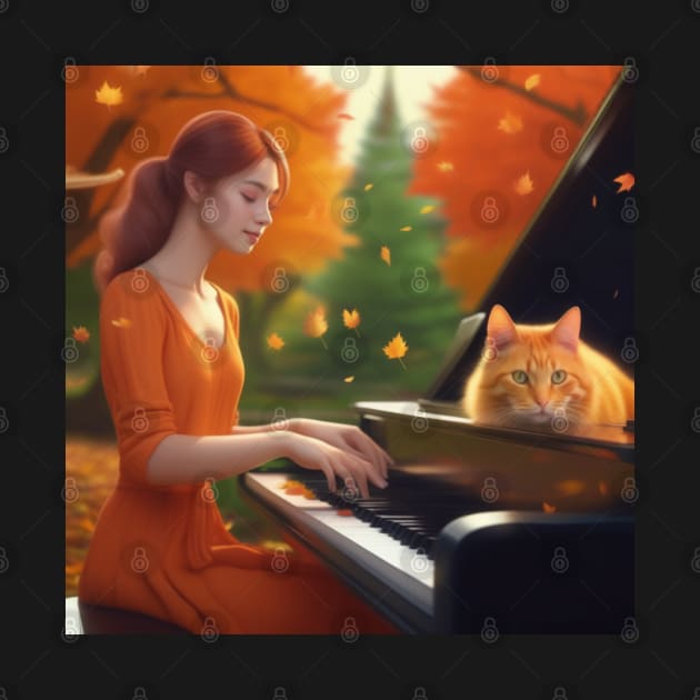 A Female Pianist With A Contented Orange Cat Sitting On The Piano In The English Countryside With An Autumn Mist by Musical Art By Andrew